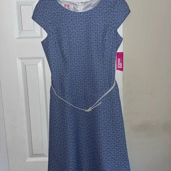 NWT, 9 & Co., Blue & White Dress with Belt, Size 12 - Picture 3 of 7